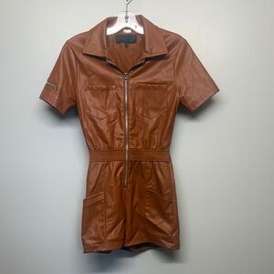 Kendall & Kylie Brown Faux Leather Short Sleeve Front Zip Moto Romper SIZE XS